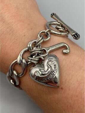 Juicy Couture Heart & J Charms Silver Tone Large 12mm Link Bracelet 7” Toggle